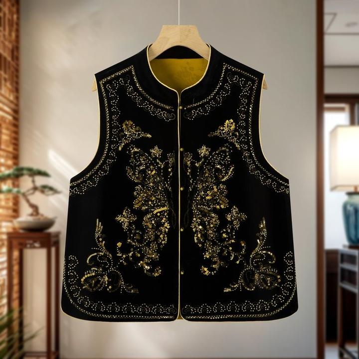 秋季新中式国风立领马夹高档品质亮片刺绣钉珠镶钻马甲高贵优雅女