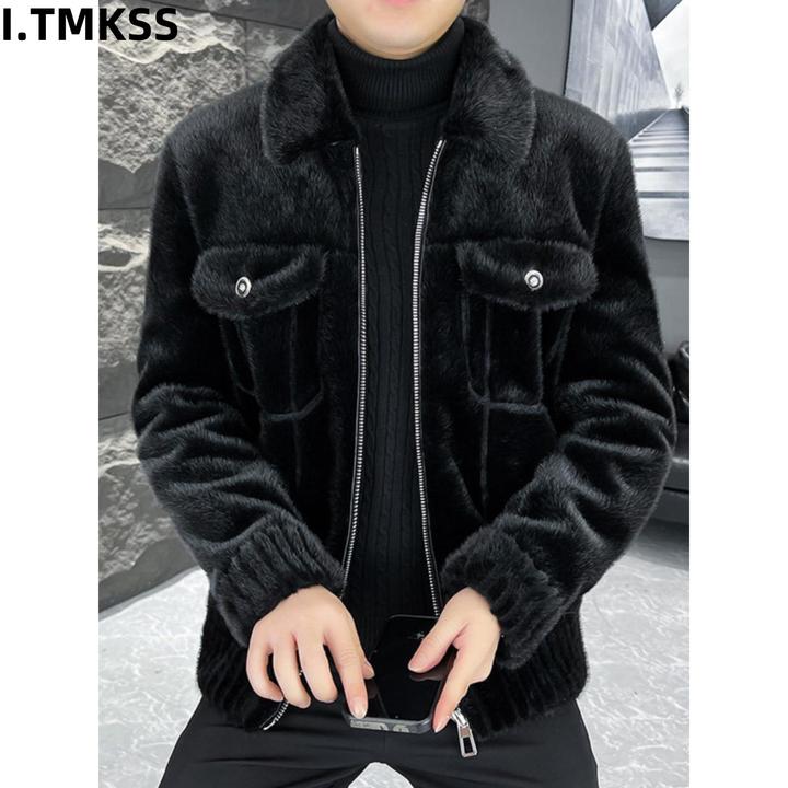 冬季新款翻领雪狼貂彷皮草外套男士高端休闲皮毛一体加厚保暖夹克