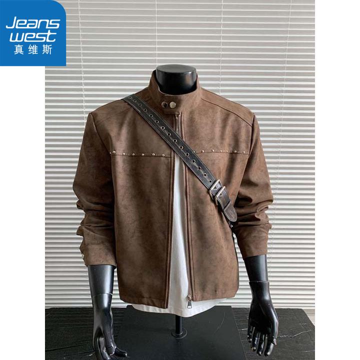 真维斯美式棕色皮衣外套男高级感cleanfi飞行夹克机车情侣棒球服