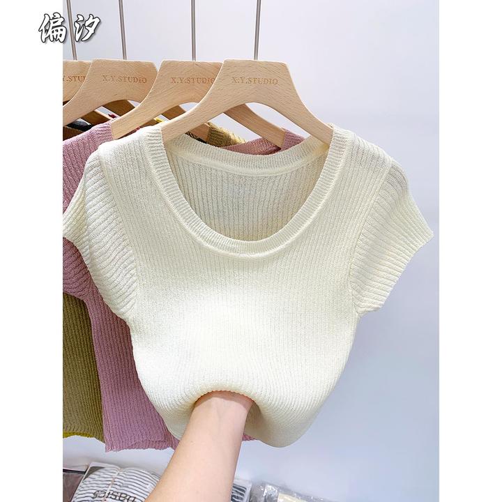 冰丝打底衫t恤女短袖2025新款薄款气质半袖衣服正肩体恤短款上衣