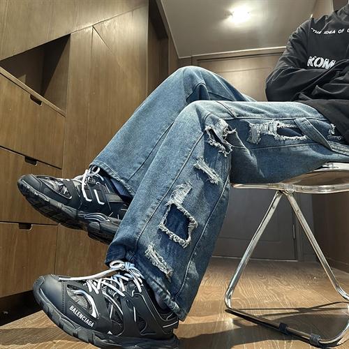 牛仔裤宽松港风裤子2025春夏新款男装美式高腰水洗侧边大破洞款