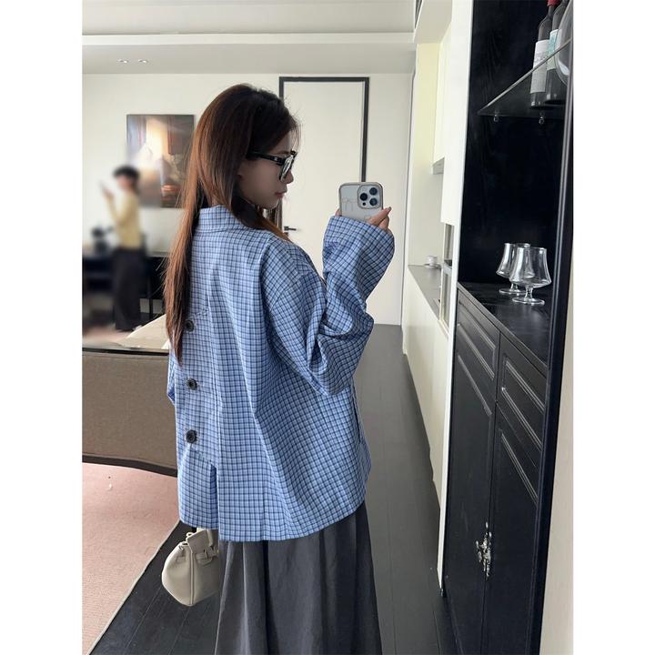 蓝色格子宽松polo领衬衫外套女早秋休闲长袖衬衣百搭防晒开衫上衣