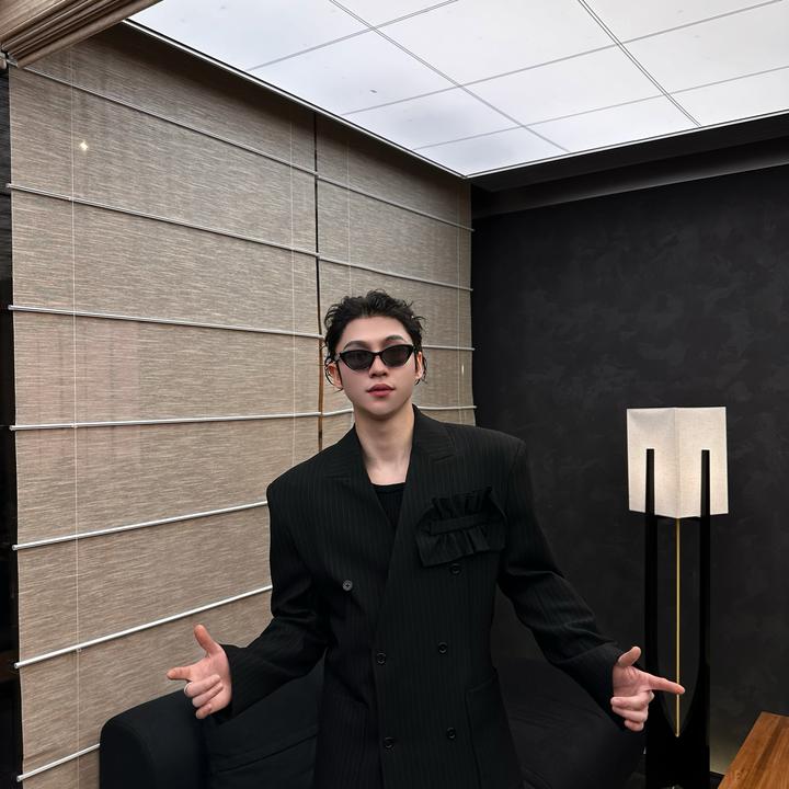 【FANG BH】男士高级定制设计款时尚坎肩条纹倒三角胸花西服套装