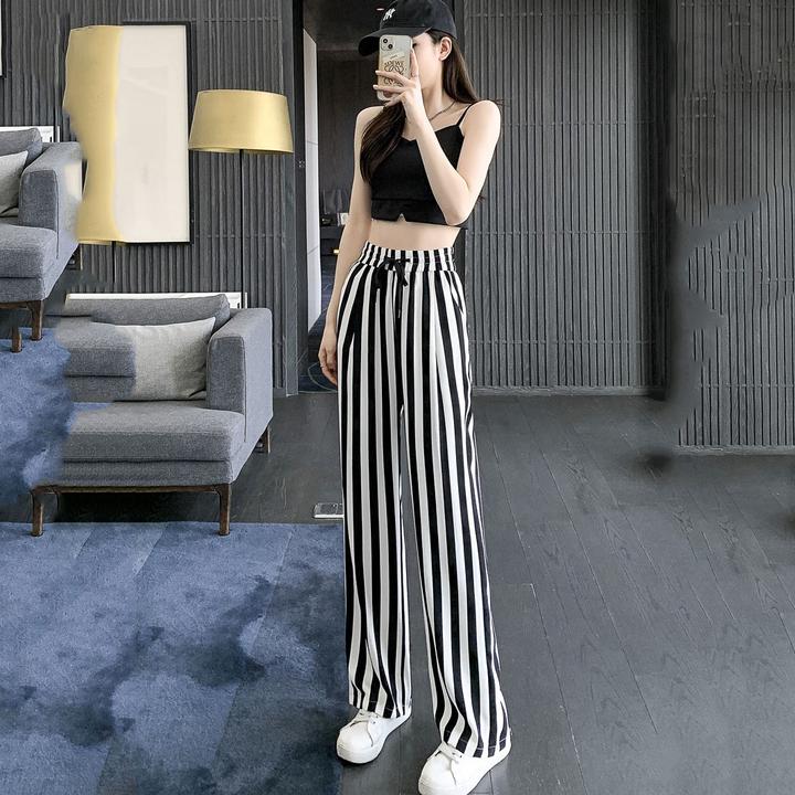 冰丝窄版阔腿裤女小个子夏季薄款黑白竖条纹高腰垂感休闲宽松直
