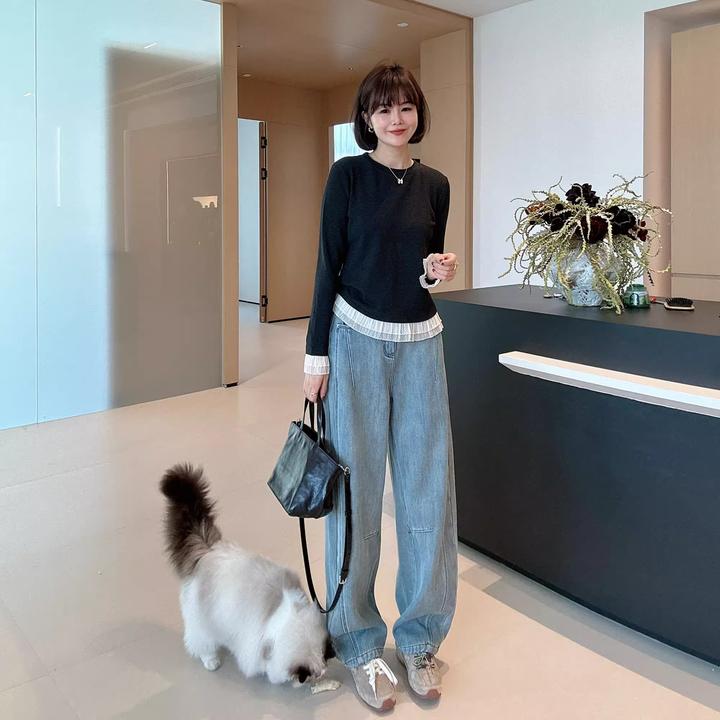 应小姐女装 加绒秋冬牛仔裤高腰宽松松紧腰浅蓝色弯刀裤