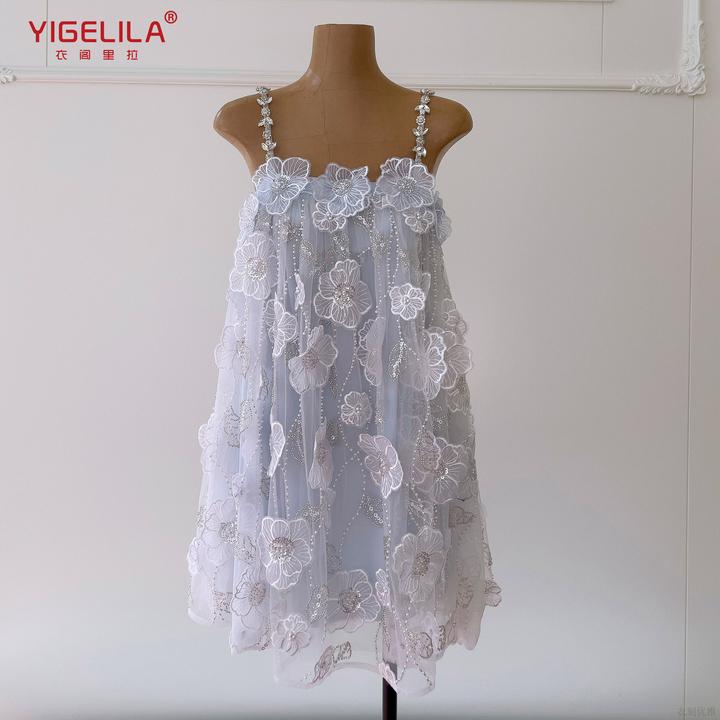衣阁里拉亮片网纱吊带连衣裙公主礼服夏季裙女立体花朵仙女裙