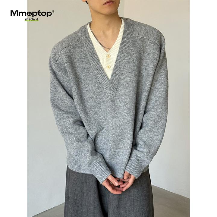 Mmoptop潮牌假两件慵懒长袖针织衫男士秋冬季百搭痞帅高级感毛衣