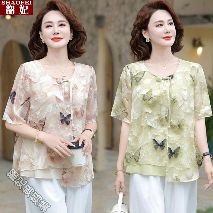 妈妈夏装国风气质短袖小衫2025新款中老年女时尚雪纺上衣洋气T恤