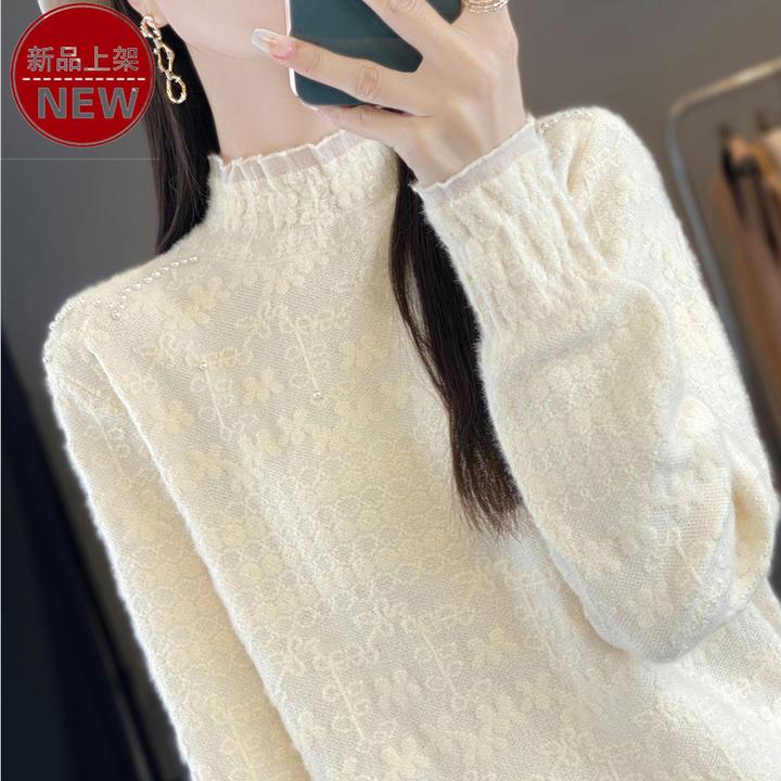 哥弟阿玛施正品2025新款半高领蕾丝拼接时尚纯色钉珠宽松针织衫女