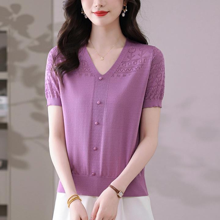 莱赛尔天丝v领短袖针织衫上衣女士夏季减龄宽松中年洋气妈妈薄款