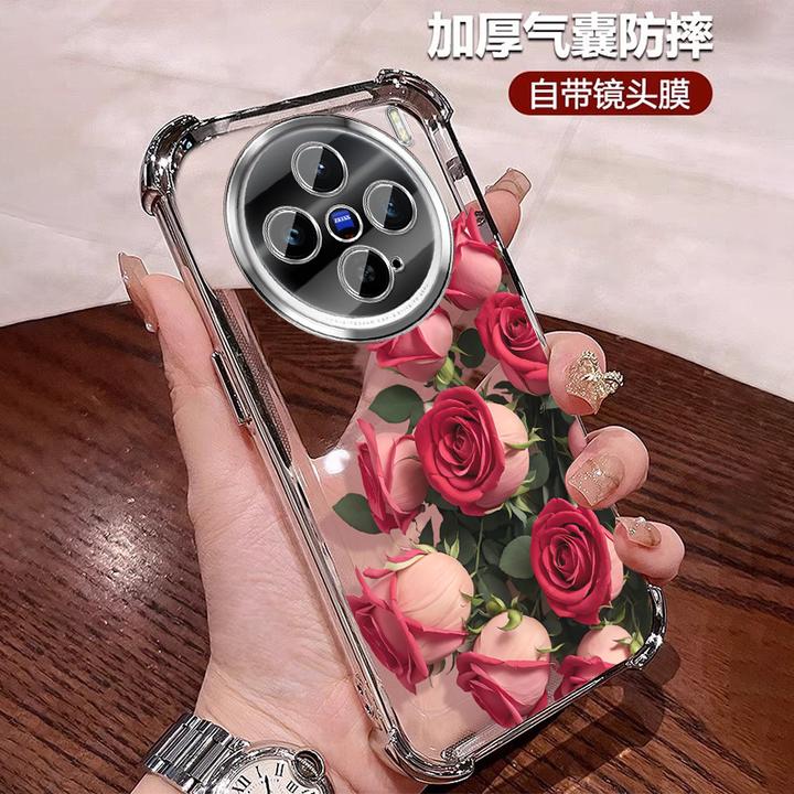 带镜头膜适用vivox300手机壳四角防摔X300Pro软硅胶全包 复古玫瑰