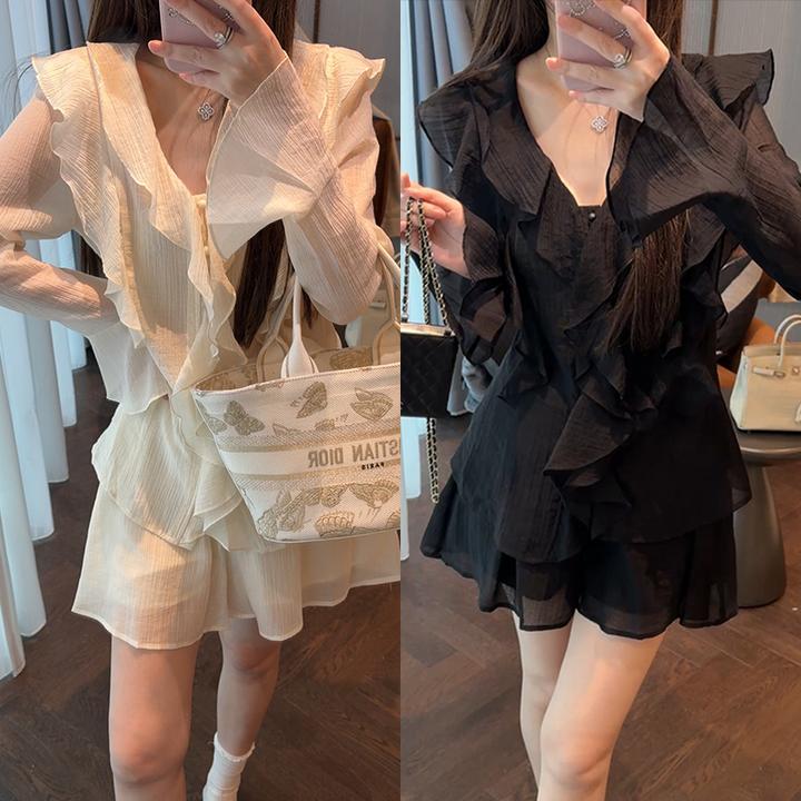 【mimius】Y 浪漫甜美荷叶边遮肉显瘦衬衫+短裤（微透配背心） G03525