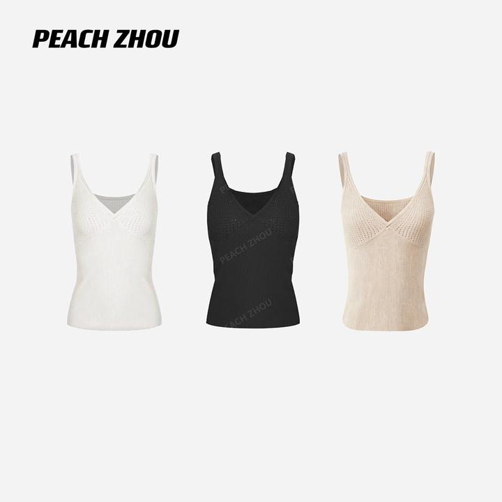 『PEACHZHOU』精梳棉钩花镂空罗纹花边法式V领修身纯欲毛织吊带背心