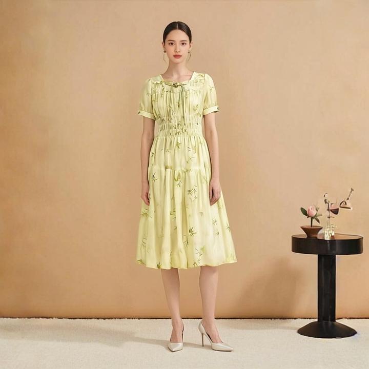 「断码清仓」方领明制印花新款小清新法式长款显瘦女装泡泡袖连衣裙