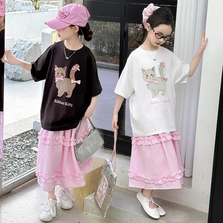 女童夏装套装裙2025新款洋气儿童装卡通短袖T恤格子半身裙两件套