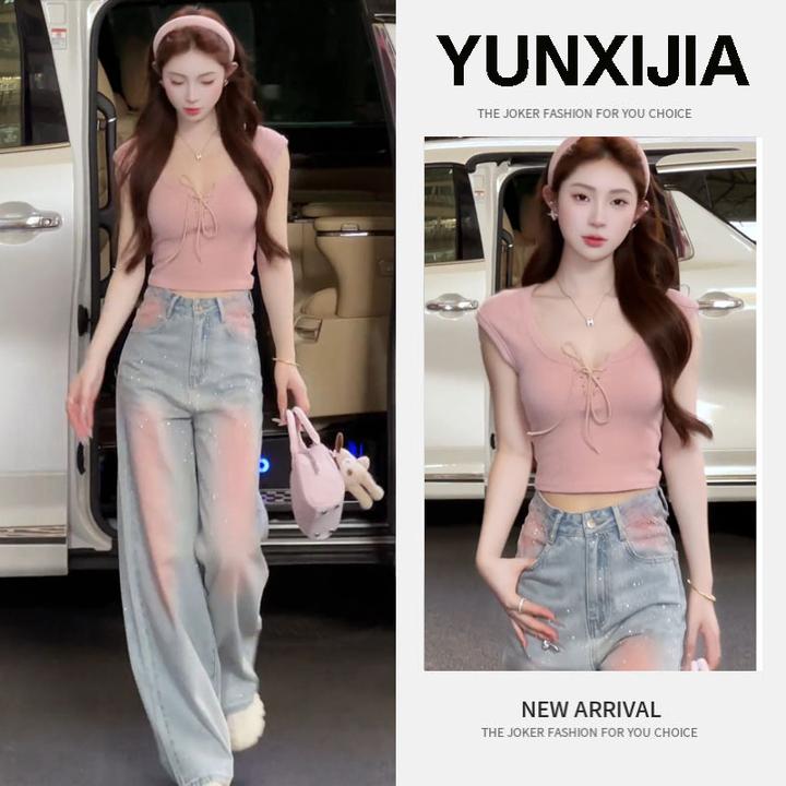 【现货】2025新款纯欲辣妹风休闲精致百搭上衣设计感牛仔裤两件套