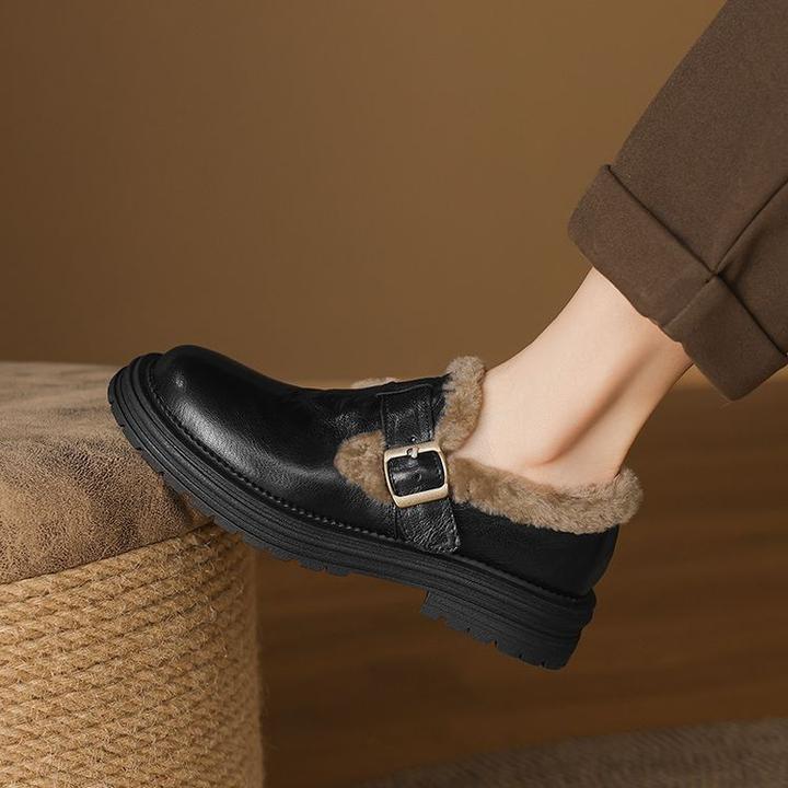 2025年款加绒小皮鞋女冬季加厚棉鞋圆头厚底乐福鞋日常通勤工作鞋