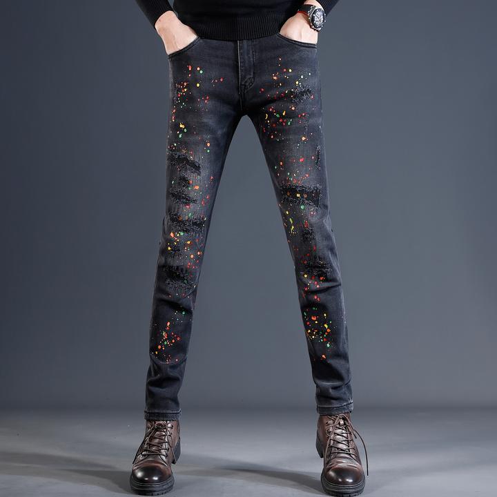 Cebrodz香港破洞牛仔裤秋冬款修身小脚2025新款潮牌泼墨男士裤子