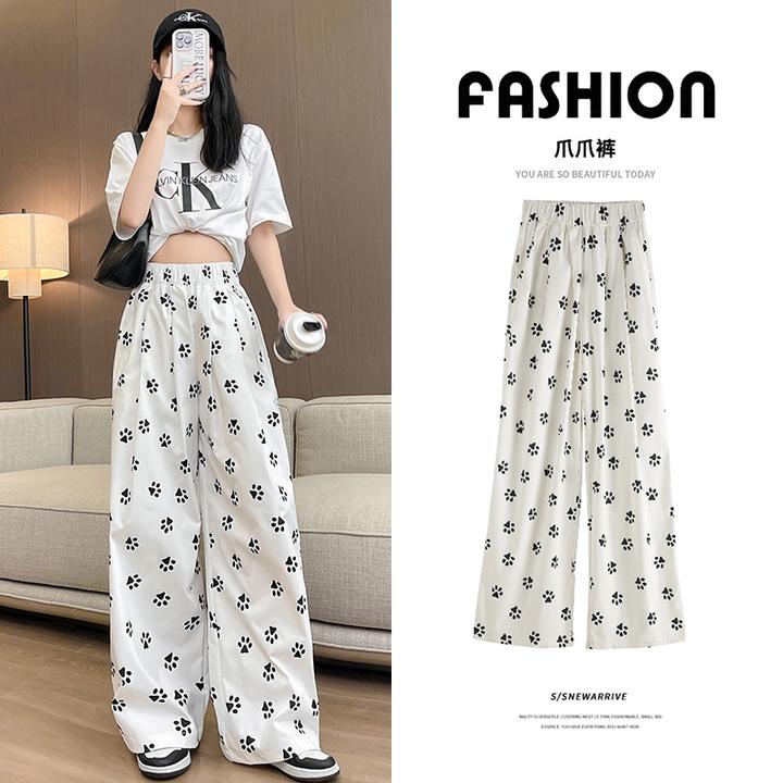 白色狗爪印花阔腿裤女夏季薄款ins潮百搭显瘦遮肉休闲慵懒山本裤