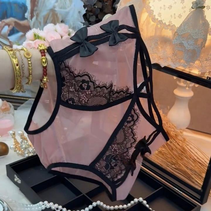 260斤法式网纱性感纯欲风镂空蝴蝶结高腰舒适柔软透气网纱三角裤