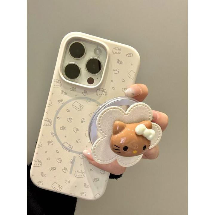 卡通线条黑皮猫咪皮纹小白花磁吸适用iPhone17promax苹果15手机壳