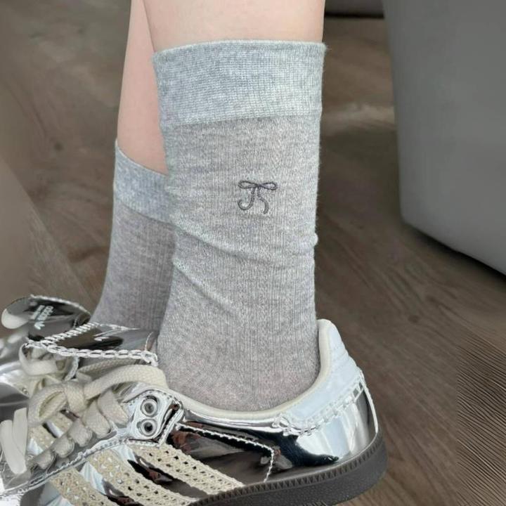 日本新款灰色袜子女中筒袜夏季薄款镂空芭蕾风刺绣蝴蝶结堆堆长袜