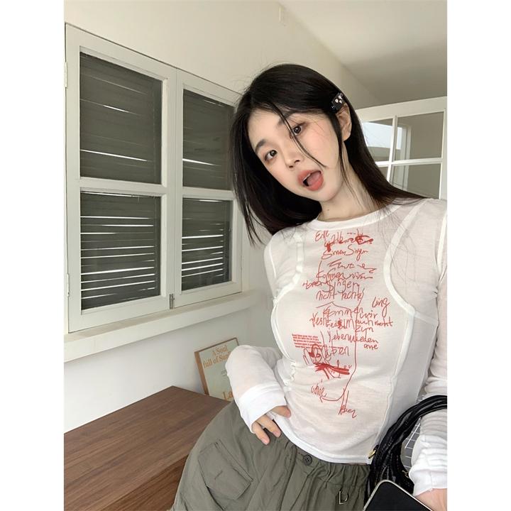 2025秋季新款美式辣妹风设计感高级感趣味印花显瘦长袖T恤上衣女
