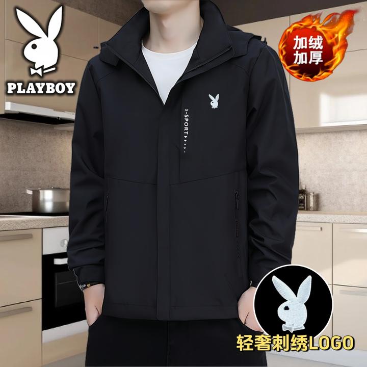 花花公子重磅中年魅力长袖外套加绒刺绣夹克父亲商务新品休闲立领
