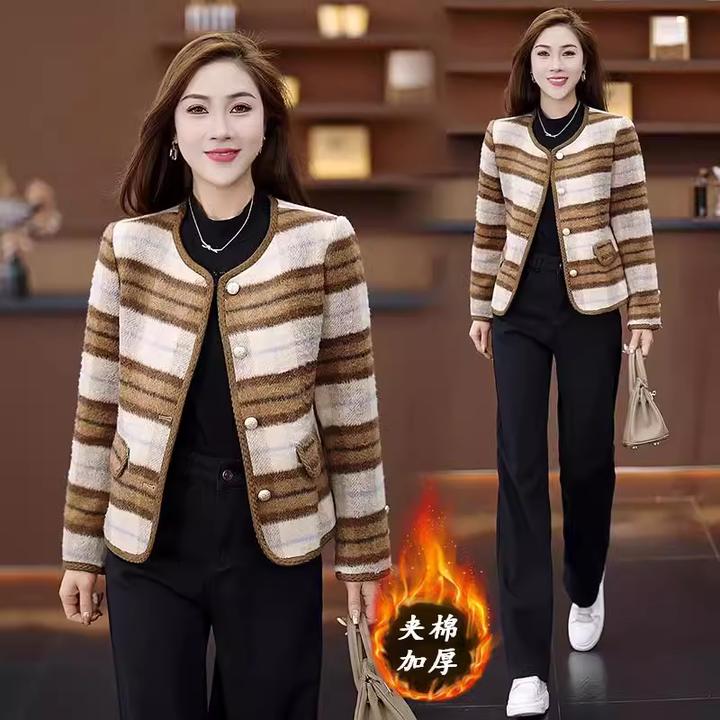 小香风夹棉毛呢外套女短款秋冬新款时尚减龄显瘦加厚保暖格子上衣