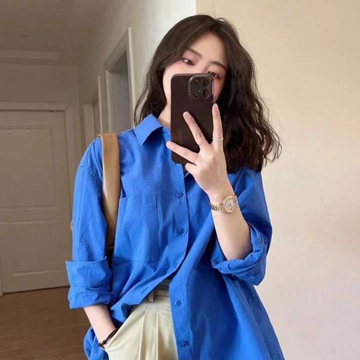 气质高级感克莱因蓝polo领衬衫2025新款法式小众设计宽松显瘦衬衣