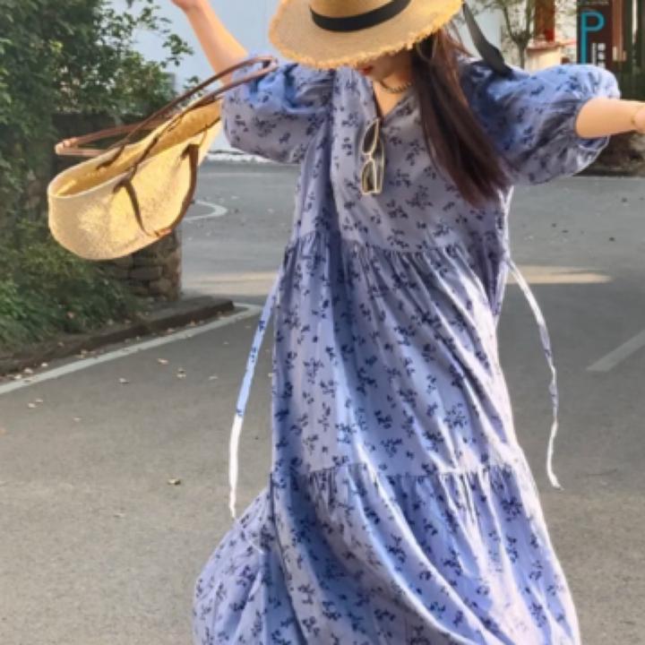 【V领蛋糕裙】夏季长款碎花设计款棉绸人造棉气质宽松休闲连衣裙