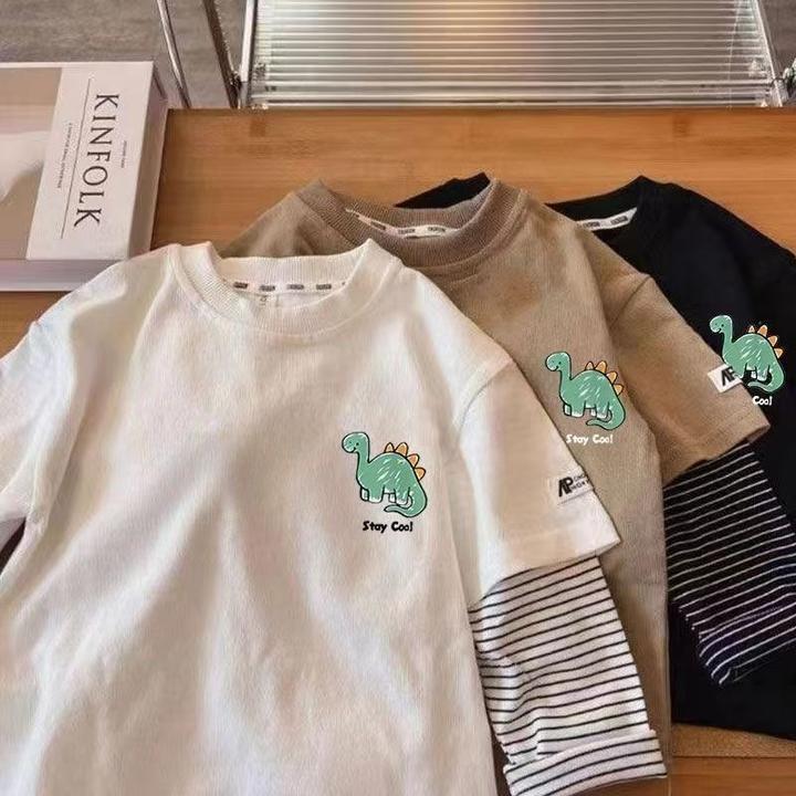 新中式儿童长袖T恤2025春秋新款男童假两件上衣宝宝打底衫100纯棉