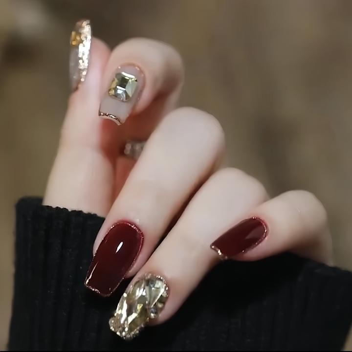 复古爆闪纯手工穿戴甲高冷千金显白假指甲贴片新年美甲穿戴甲