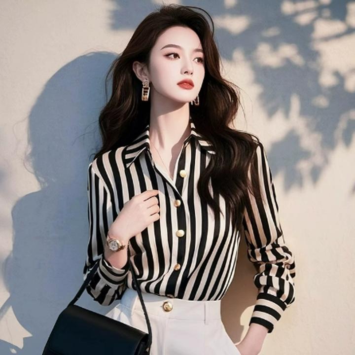 年黑白撞色条纹衬衫女2025早春高级感职业通勤法式时尚衬衣