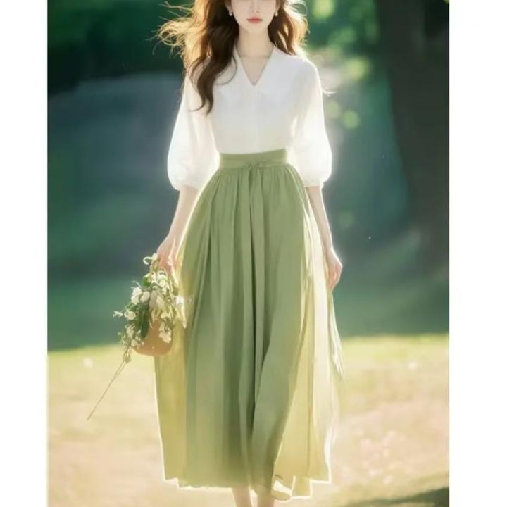 2025春夏新款女装森系穿搭一整套轻奢高级感气质女神范减龄独特绿