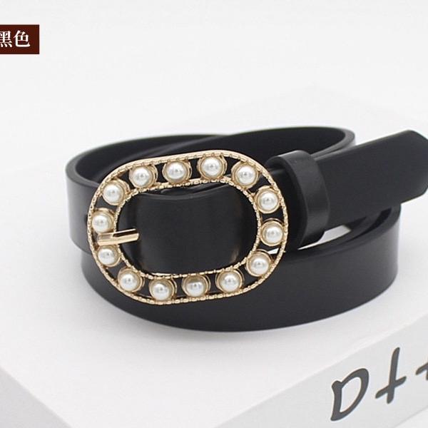 新款珍珠镶嵌椭圆扣皮带女欧美外贸牛仔裤装饰针扣PU腰带女士批发