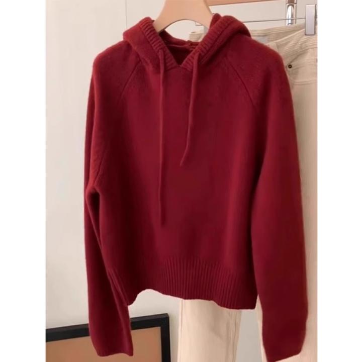 红色连帽卫衣针织毛衣女秋冬宽松慵懒风高级感外搭宽松套头上衣厚
