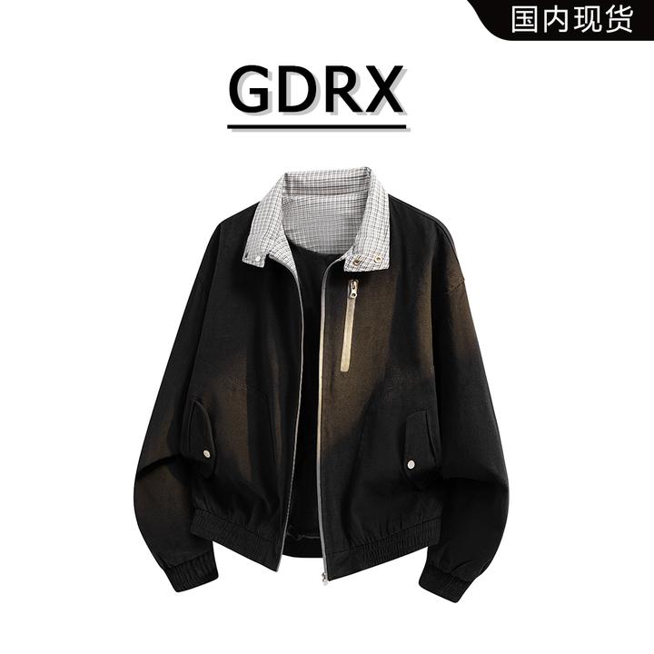 GDRX翻领纯棉夹克男秋季新款格纹撞色宽松休闲外套轻奢痞帅男装