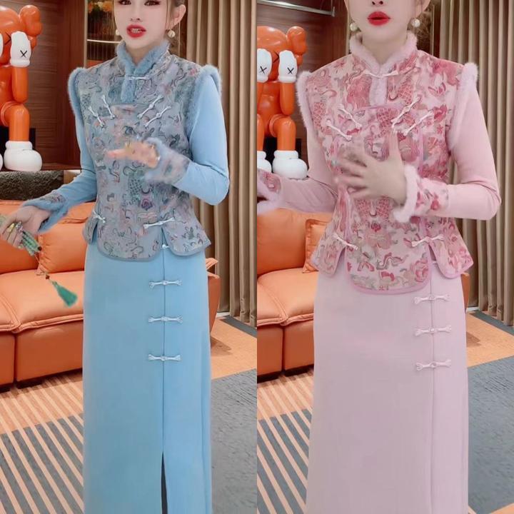 NS风时尚网红秋冬中国风ins女装时尚马甲+小衫+半身裙三件套装