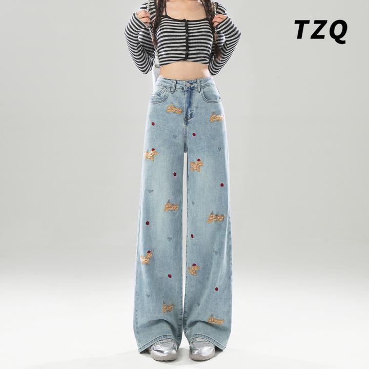 韩系刺绣小狗牛仔裤女2025新款阔腿宽松显瘦百搭拖地裤TZQ122937