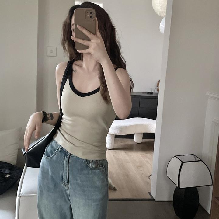 夏季大码V领拼色别致吊带背心女百搭内搭外穿打底衫修身无袖上衣