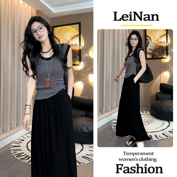 2025年夏季条纹无袖上衣黑色修身半身裙微胖显瘦气质高级感两件套