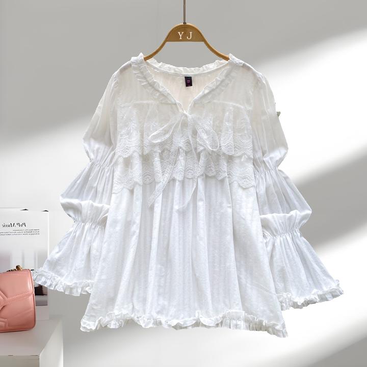 法式温柔风甜美蕾丝拼接喇叭袖衬衫女2025秋装宽松显瘦娃娃衫上衣