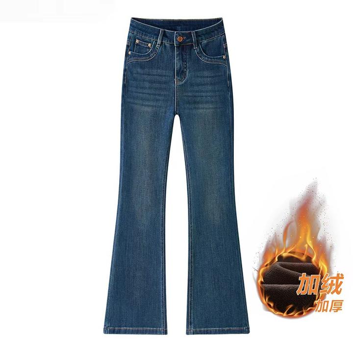 黛钴蓝加绒牛仔裤女2025年新款四面弹时尚高腰显瘦高级百搭微喇裤