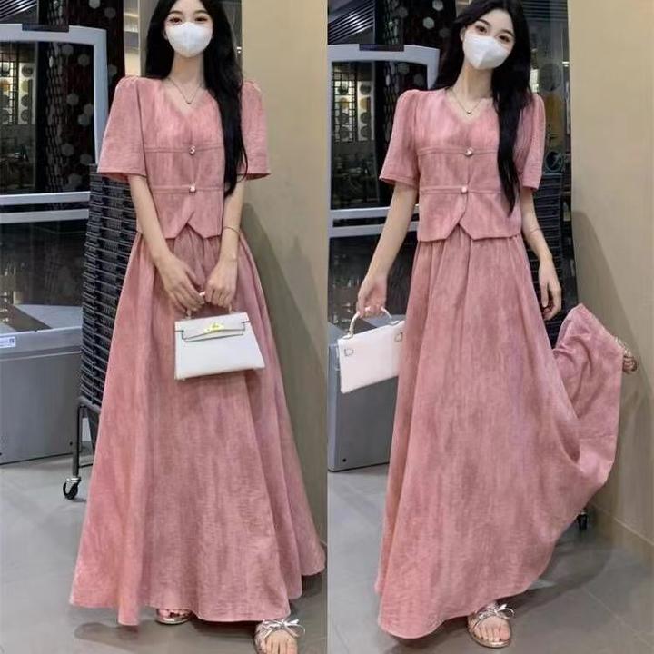 大码女装夏季新款胖M新中式套装短袖不规则V领上衣高腰显瘦半身裙