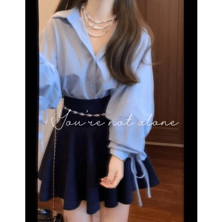 韩系时尚轻熟风POLO领系带长袖宽松衬衫秋季高腰显瘦半身裙两件套