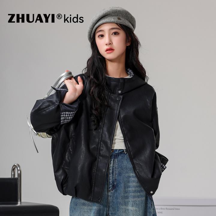 女童韩系拼接格子袖宽松软皮衣秋季新品连帽外套夹克（25302319）4