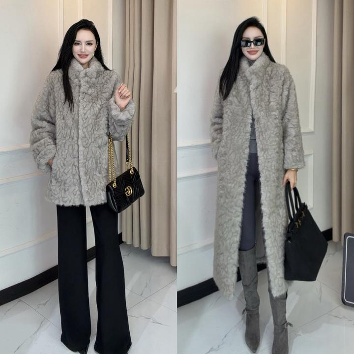 人造皮草 ADLA仿小湖羊人造皮草外套立领中长款外套802