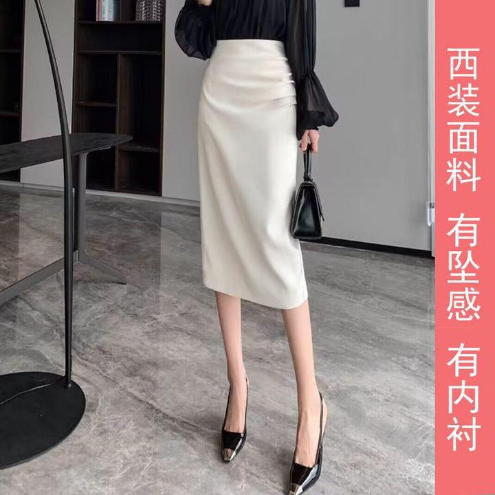 褶皱半身裙女2023秋季新款韩版气质百搭开叉包臀裙高腰显瘦中长裙