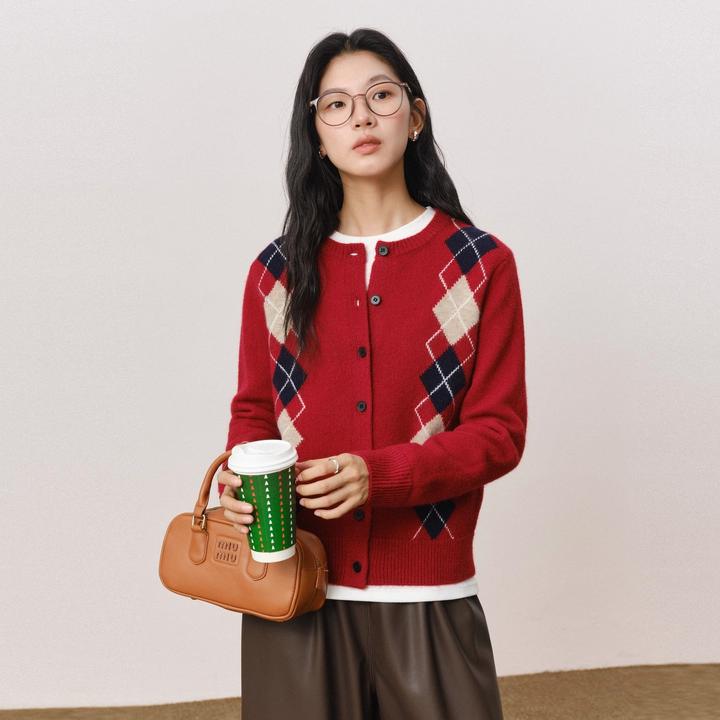 素典【七巧格】miu系提花撞色羊毛针织开衫菱格宽松毛衣女5673